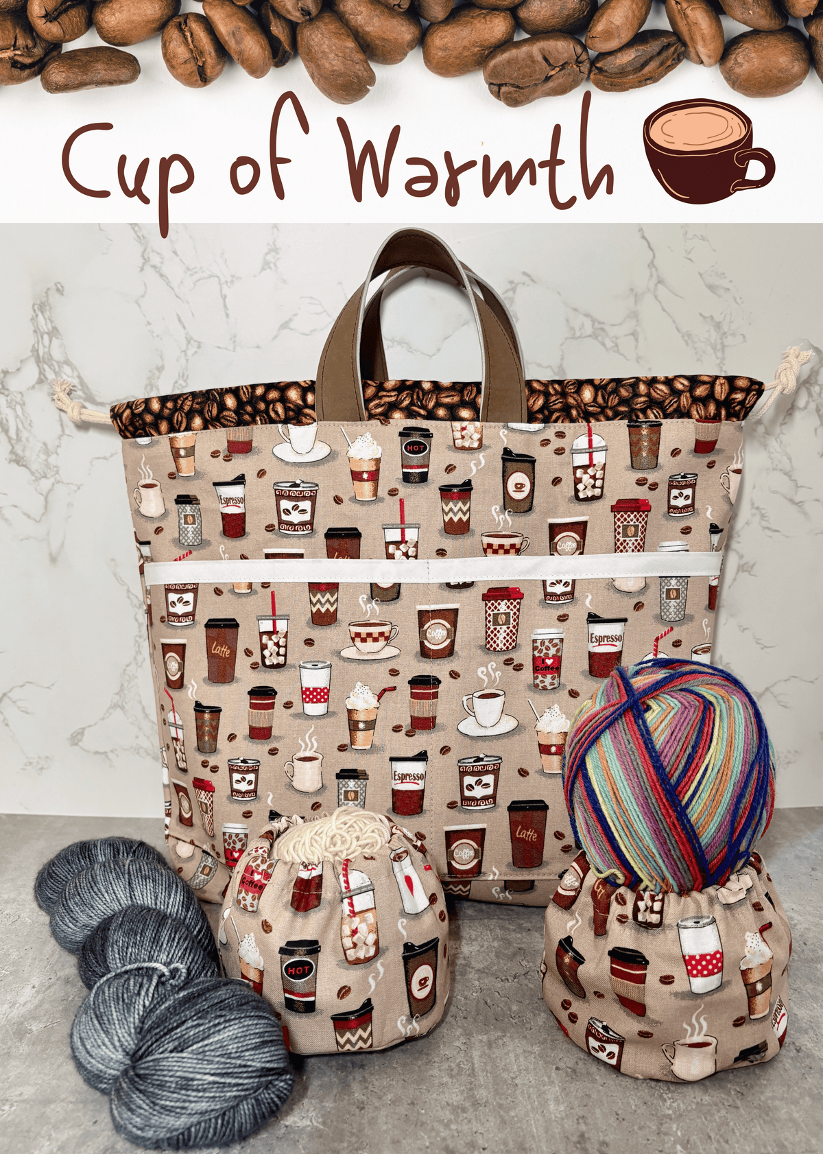 Cup of Warmth Handled Drawstring Bag